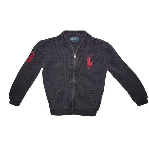 Polo Ralph Lauren Kids Full Zip Knit Sweater Jacket Size 6 Black Red Pony Logo - Picture 1 of 5